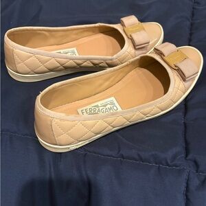 Salvatore Ferragamo Rufina quilted cap toe leather flats in bisque/blush color